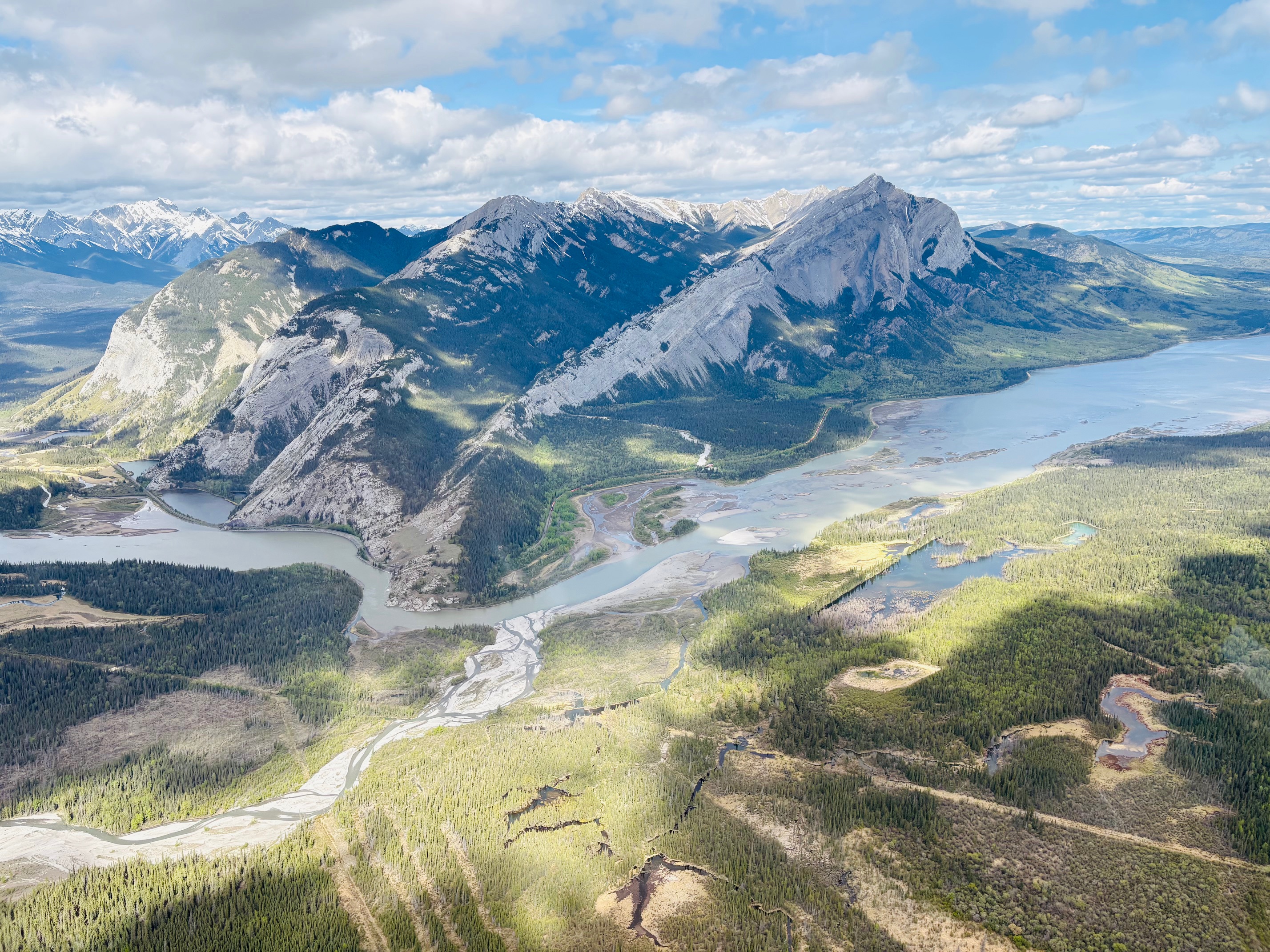 Sunlit peaks along the eastern Rockies near Hinton